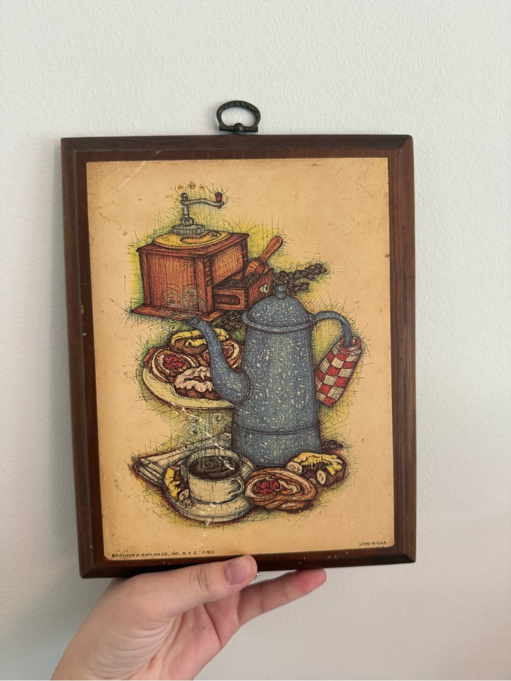 Vintage Lithograph Kitchen Art Wooden Plaque with Blue Coffee Pot